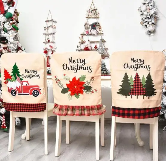 Embroidery Xmas Decorations - 4/6/8szt Świąteczny pokrowiec na krzesło Lniany