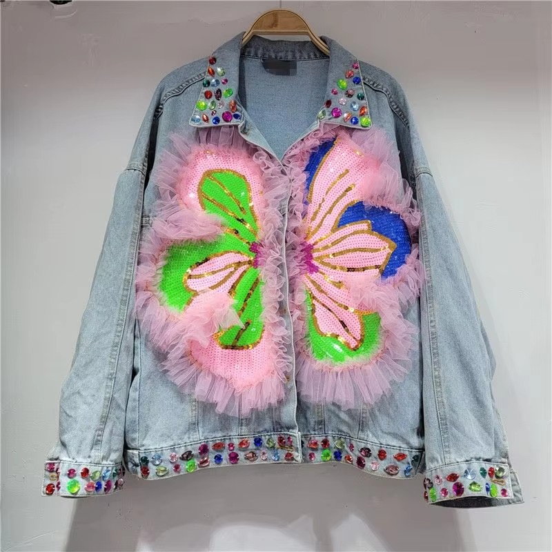 Embroidery Jacket Jeans - Damska kurtka jeansowa z cekinami w