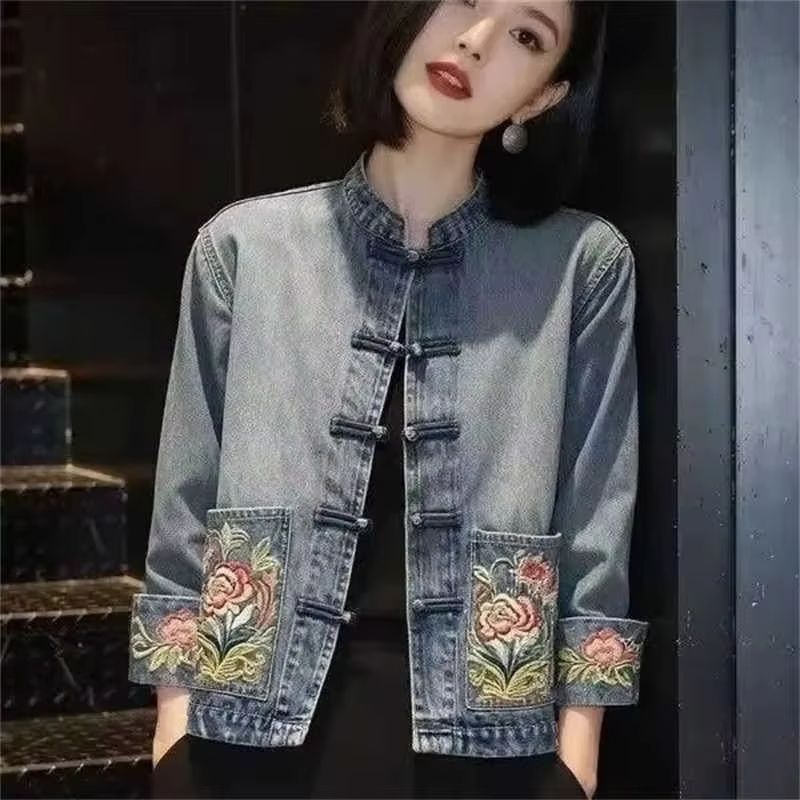 Embroidery Jacket Jeans - Wiosenno-jesienna, piękna, haftowana kurtka kowbojska, damska