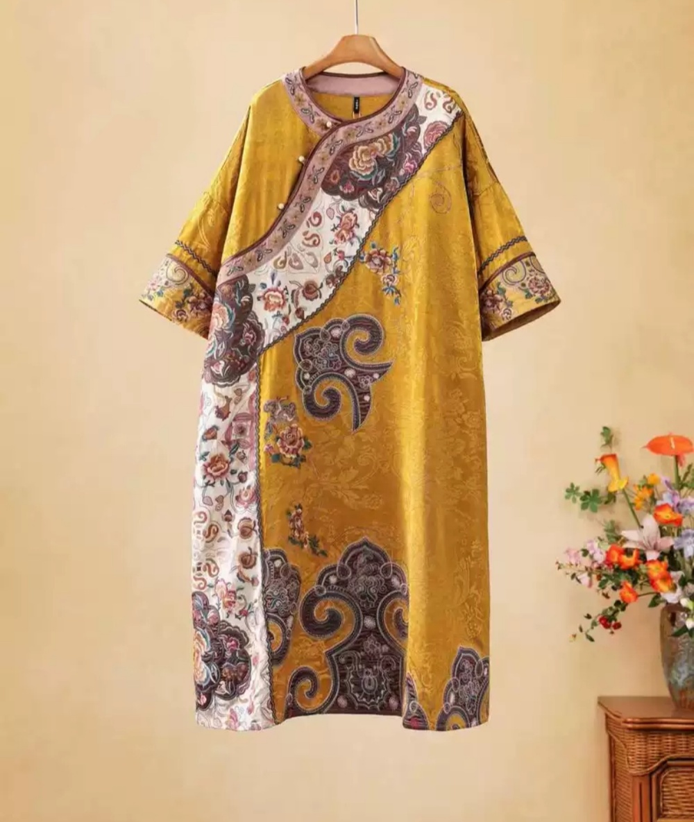 Embroidery Yellow Dress - Luksusowy szlafrok wiosenny dla kobiet, żółty,