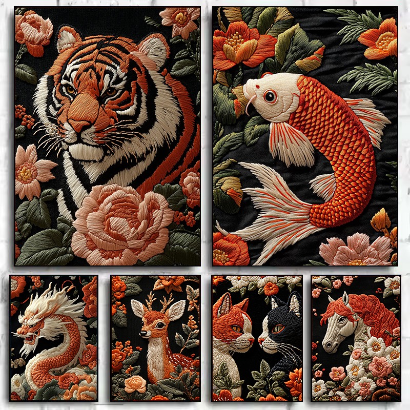 Embroidery Fish - 1 szt. Plakat w stylu haftu