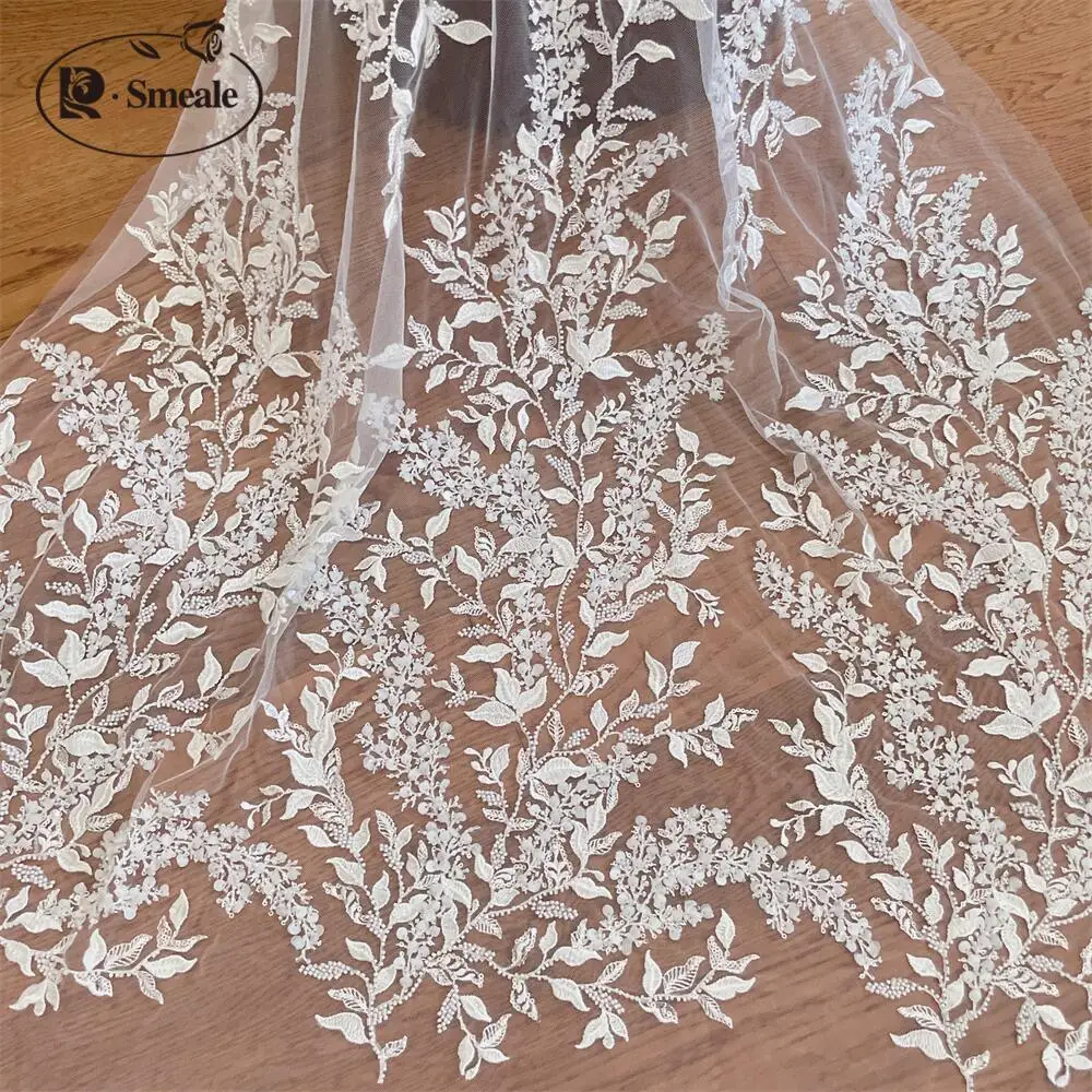 Embroidery Abaya - Biała tkanina koronkowa z kwiatami 3D,