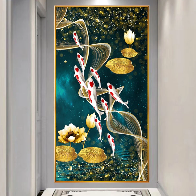 Embroidery Fish - Dziewięć Ryb Złoty Lotos 5D Diamentowe