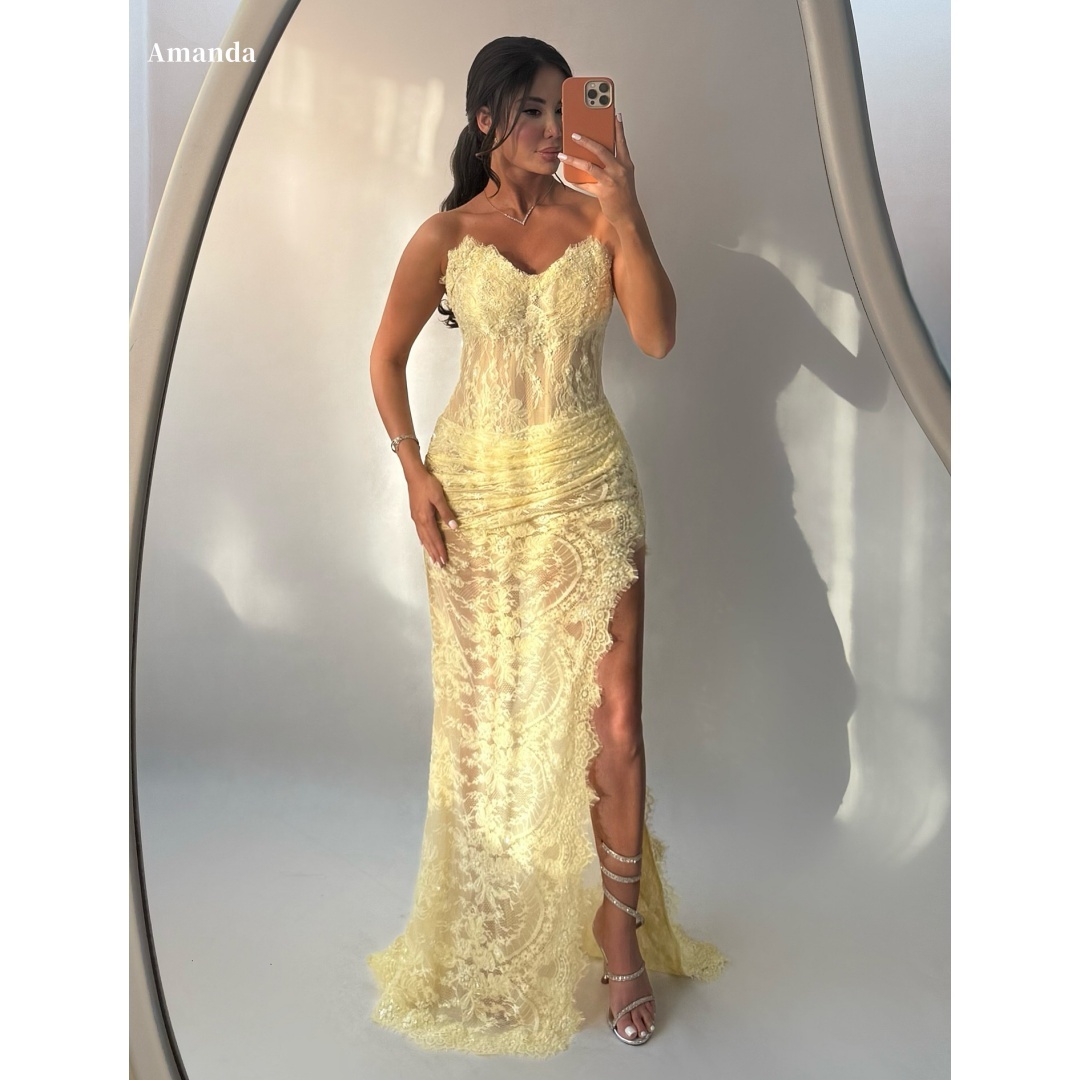 Embroidery Yellow Dress - Amanda Sukienka Wieczorowa Bez Ramiączek z